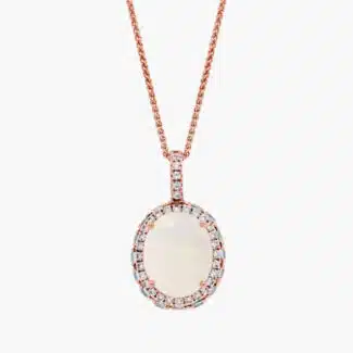 Oval Opal with Blue and White Topaz Halo Pendant in 14k Rose Gold