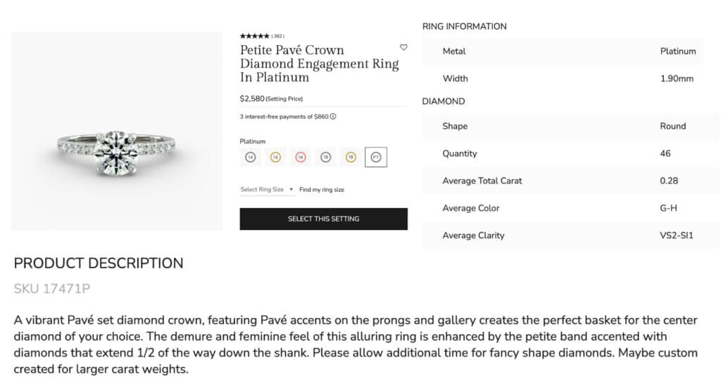 The Petite Pavé Crown hidden halo engagement ring in platinum from James Allen, showing its pavé band and product details.