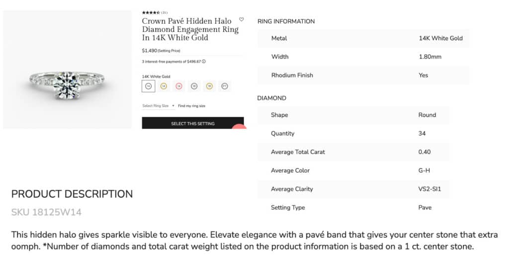 The Crown Pavé Hidden Halo engagement ring in 14k white gold from James Allen, with product description and ring information.