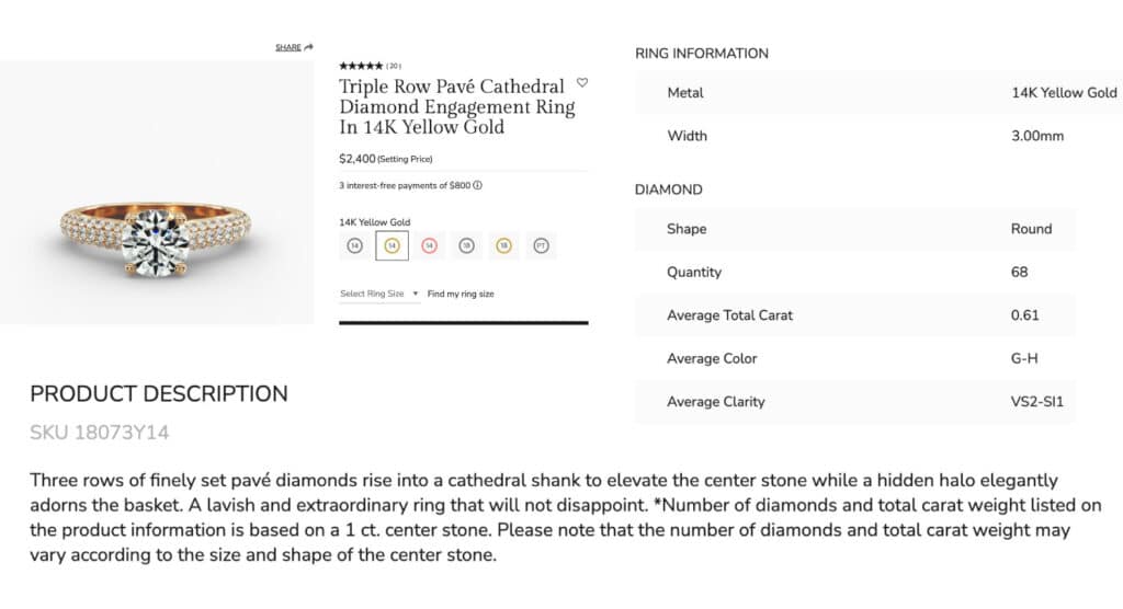 The Triple Row Pavé Cathedral hidden halo engagement ring in 14k yellow gold from James Allen, showcasing its lavish design.