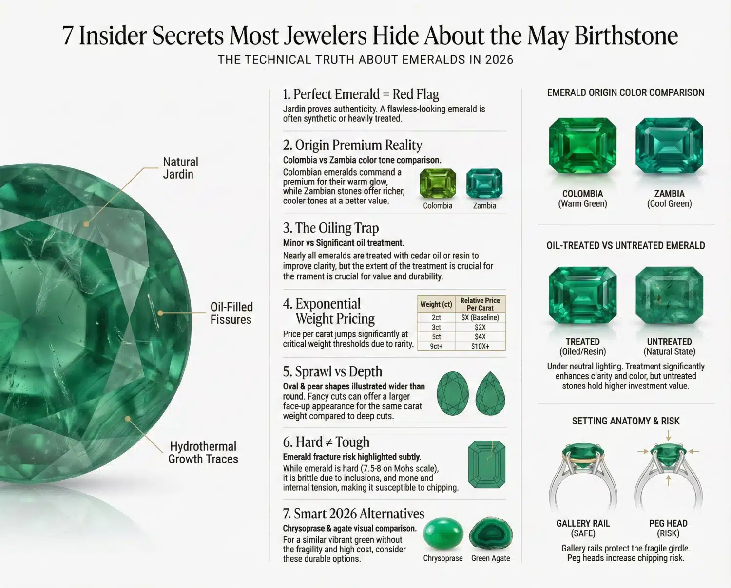 An infographic titled "7 Insider Secrets Most Jewelers Hide About the May Birthstone". It highlights secrets like: "Perfect Emerald = Red Flag," "The Oiling Trap" (treated vs. untreated), "Origin Premium" (Colombia vs. Zambia), and "Hard is not equal to Tough." It compares setting styles (Gallery Rail vs. Peg Head) and suggests 2026 alternatives like Chrysoprase.
