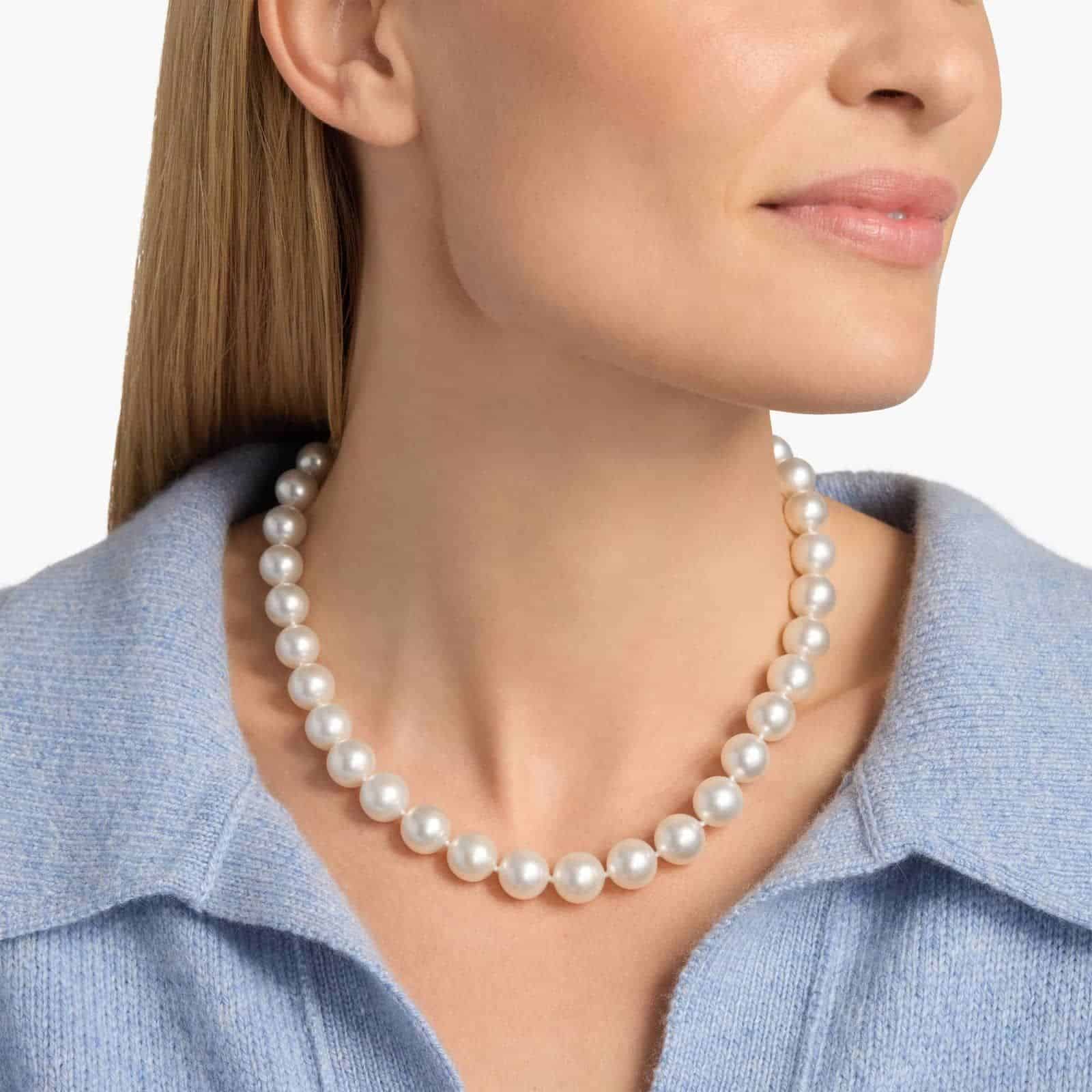 An exquisite 17-inch strand of exceptionally large and luminous South Sea cultured pearls, hand-knotted and secured with an 18k white gold safety clasp.