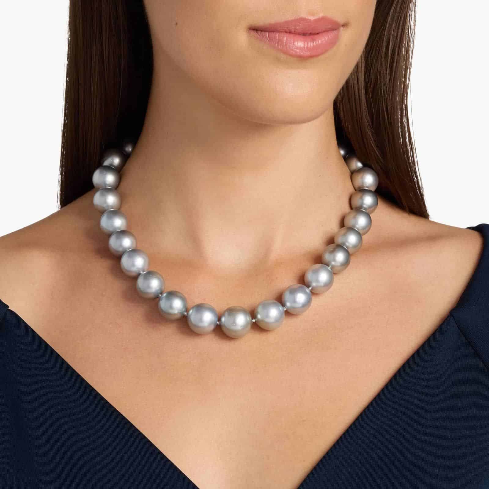 A magnificent 18-inch strand of exceptionally large (15-17mm) grey Tahitian pearls, secured with a solid 18k white gold and diamond clasp.
