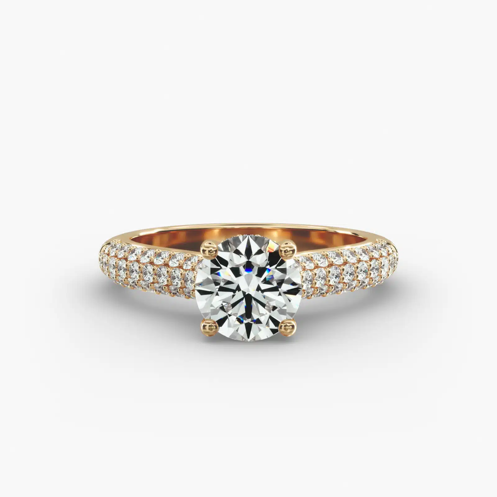 The Triple Row Pavé Cathedral hidden halo engagement ring in 14k yellow gold.