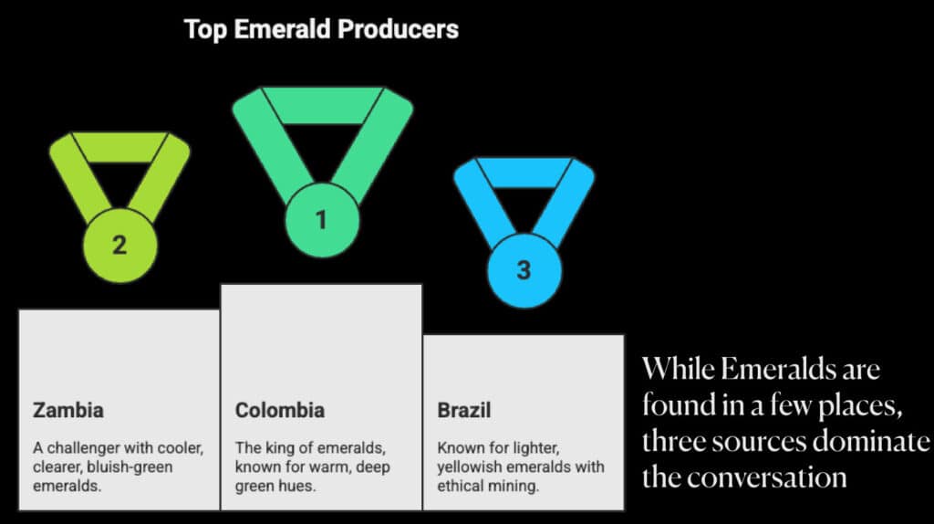 nfographic showing Top Emerald Producers: Colombia (1st, warm deep green), Zambia (2nd, cooler bluish-green), and Brazil (3rd, lighter yellowish), providing context for the May birthstone.