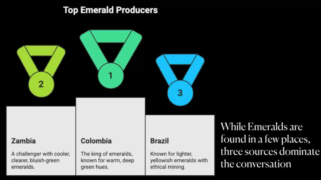 nfographic showing Top Emerald Producers: Colombia (1st, warm deep green), Zambia (2nd, cooler bluish-green), and Brazil (3rd, lighter yellowish), providing context for the May birthstone.
