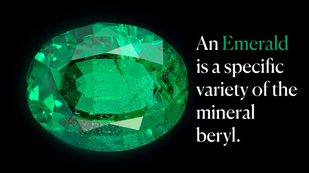 Close-up of a vibrant green Emerald gemstone, which is the May birthstone and a variety of the mineral beryl