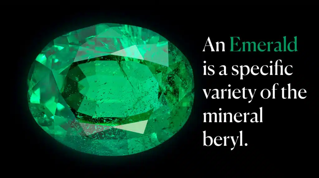 Close-up of a vibrant green Emerald gemstone, which is the May birthstone and a variety of the mineral beryl