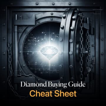 Sparkling diamond centered in an open steel vault door, with text "Diamond Buying Guide Cheat Sheet"