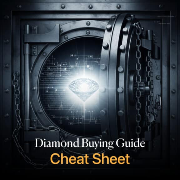 Sparkling diamond centered in an open steel vault door, with text "Diamond Buying Guide Cheat Sheet"