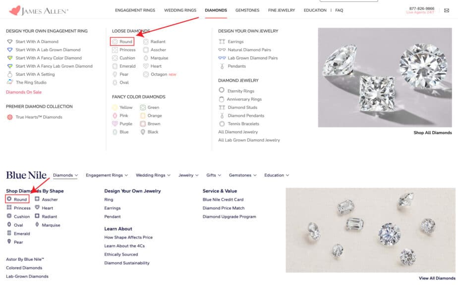Screenshot showing the diamond selection interface on James Allen and Blue Nile websites, highlighting options for diamond shape, specifically 'Round' diamonds, which is a key part of how to buy a diamond ring online and understanding diamond specifications for an engagement ring diamonds.