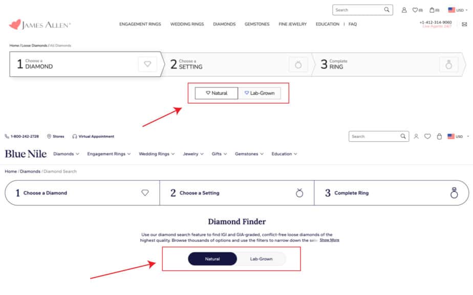 Screenshot displaying the diamond selection process on James Allen and Blue Nile websites, specifically highlighting the choice between 'Natural' and 'Lab-Grown' diamonds, a key decision when learning how to buy a diamond ring and understanding types of diamond for engagement ring diamonds.