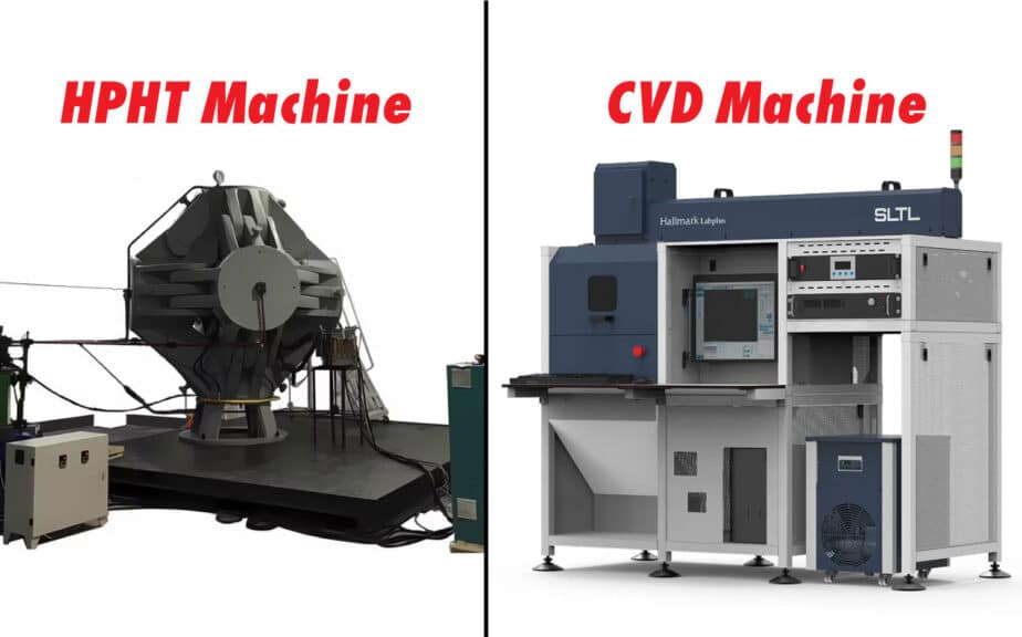 Side-by-side comparison of an HPHT Machine and a CVD Machine, two key technologies used in creating lab-grown diamonds and understanding types of diamond when learning how to buy a diamond ring.