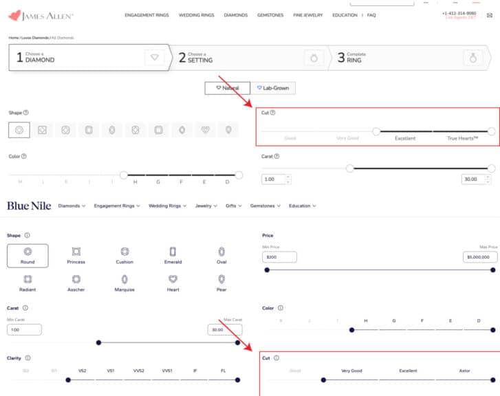 Screenshots of James Allen and Blue Nile diamond selection interfaces, highlighting the 'Cut' filter with options like Good, Very Good, and Excellent, a crucial aspect of how to buy a diamond ring and ensuring best diamond quality.