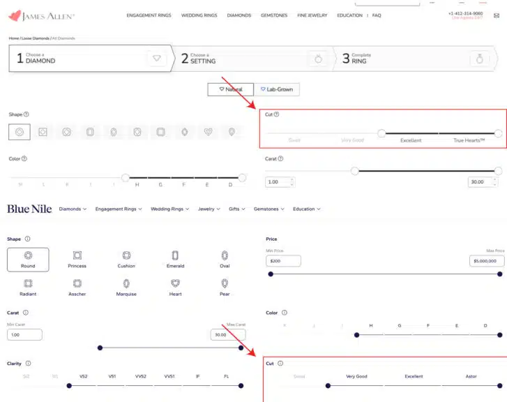 Screenshots of James Allen and Blue Nile diamond selection interfaces, highlighting the 'Cut' filter with options like Good, Very Good, and Excellent, a crucial aspect of how to buy a diamond ring and ensuring best diamond quality.