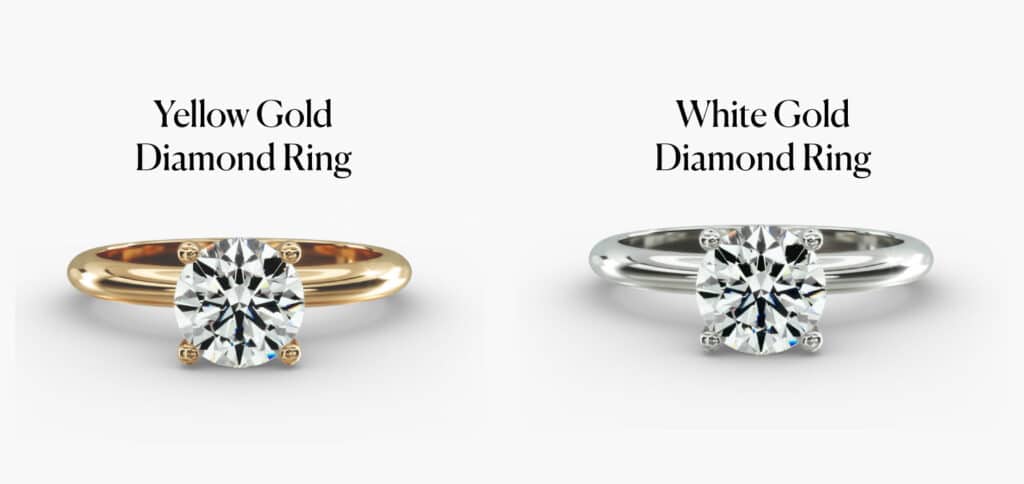Side-by-side comparison of a Yellow Gold Diamond Ring and a White Gold Diamond Ring, showcasing different metal options for engagement ring diamonds and factors in how to choose an engagement ring.