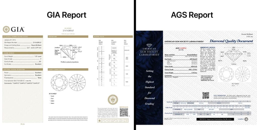 Side-by-side comparison of a GIA Report and an AGS Report, two essential diamond certificates providing detailed diamond specifications and crucial for how to buy a diamond ring and ensuring diamond quality guide.