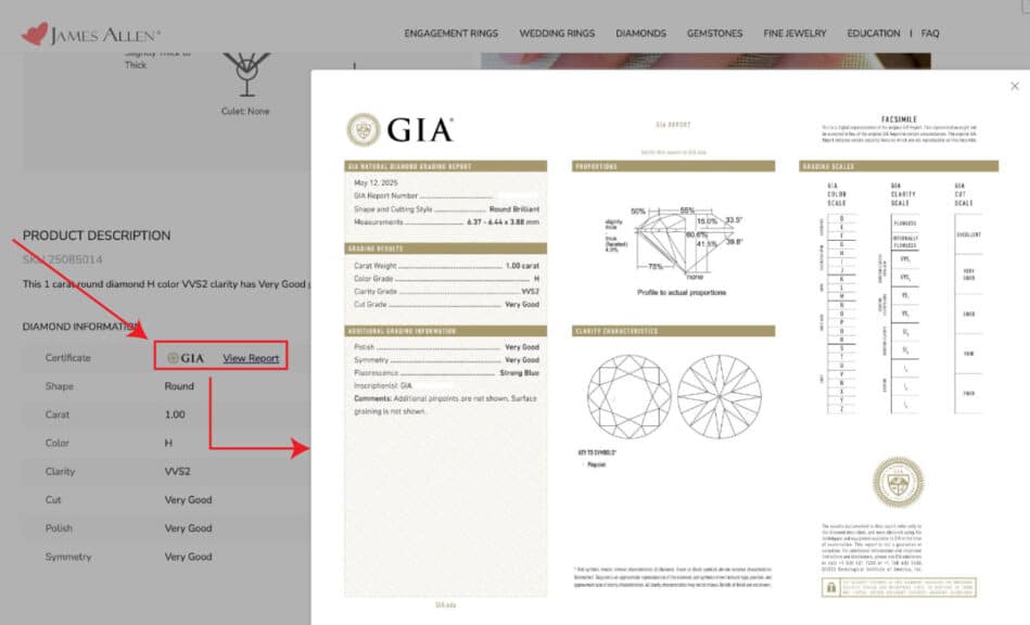 Screenshot of James Allen's product description page showing a 'View Report' link for a GIA certificate, illustrating how to access detailed diamond specifications for a Round Brilliant diamond with 1.00 carat, H color, and VVS2 clarity, crucial for how to buy a diamond ring.