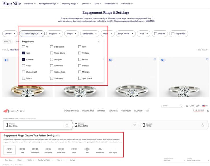 Screenshots of Blue Nile and James Allen's engagement ring buying guide interfaces, highlighting filters for 'Ring Styles' and 'Perfect Setting' options like Halo, Solitaire, Pave, and Three Stone, crucial for how to choose an engagement ring.