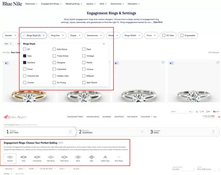 Screenshots of Blue Nile and James Allen's engagement ring buying guide interfaces, highlighting filters for 'Ring Styles' and 'Perfect Setting' options like Halo, Solitaire, Pave, and Three Stone, crucial for how to choose an engagement ring.