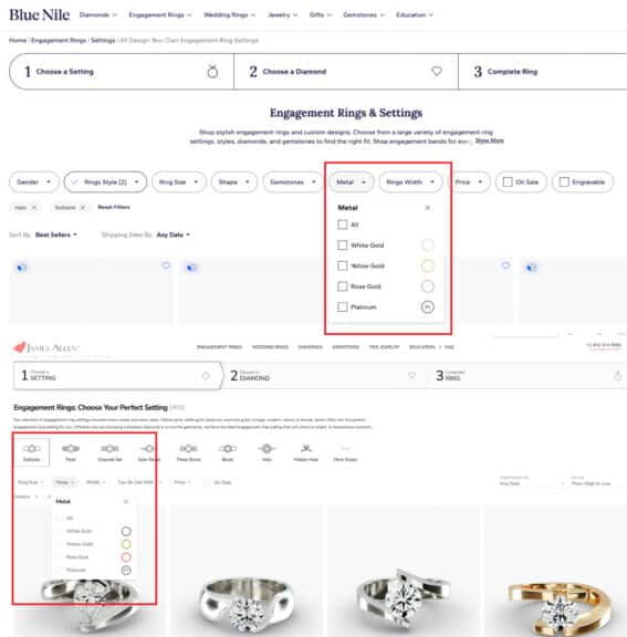 Screenshots of Blue Nile and James Allen engagement ring buying guide interfaces, highlighting filters for 'Metal' types including White Gold, Yellow Gold, Rose Gold, and Platinum, a key decision for how to choose an engagement ring.