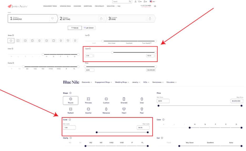 Screenshots of James Allen and Blue Nile diamond selection interfaces, highlighting the 'Carat' weight filter, a key diamond specification and crucial consideration for how to buy a diamond ring and determining diamond value.