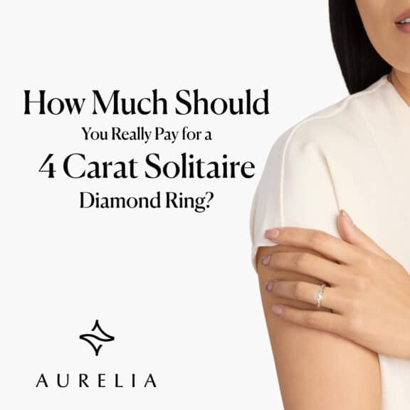 Featured image for a blog post about the price of a 4 carat solitaire diamond ring. A woman is wearing a yellow gold solitaire ring, with the title text and Aurelia logo overlaid.