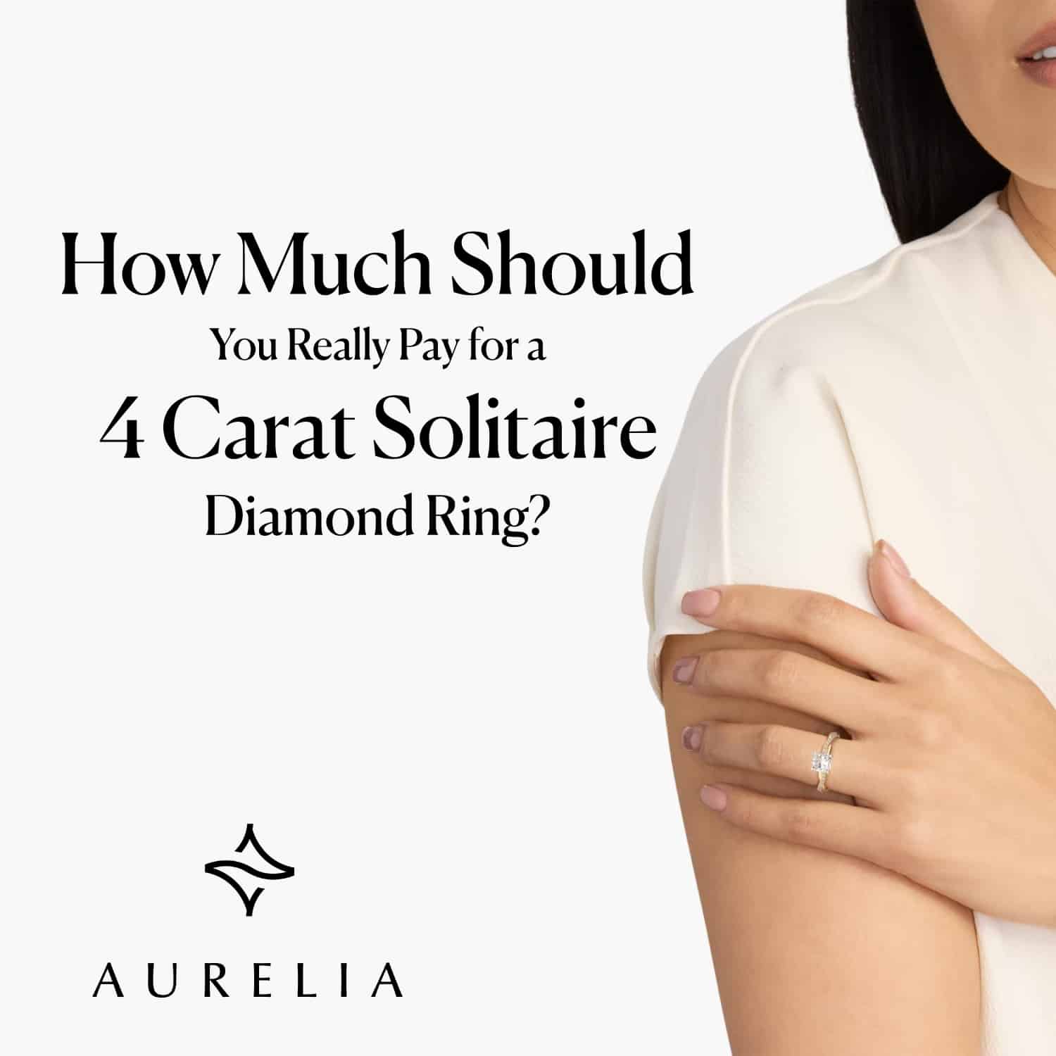 Featured image for a blog post about the price of a 4 carat solitaire diamond ring. A woman is wearing a yellow gold solitaire ring, with the title text and Aurelia logo overlaid.