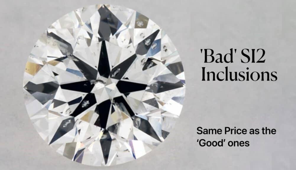 An annotated photo of a 'Bad' SI2 diamond showing prominent, eye-visible black crystal inclusions located directly under the center table facet, a key red flag on the SI2 diamond clarity chart.