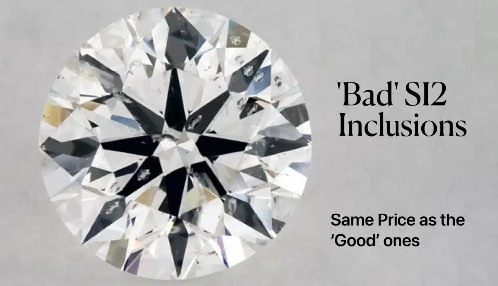 An annotated photo of a 'Bad' SI2 diamond showing prominent, eye-visible black crystal inclusions located directly under the center table facet, a key red flag on the SI2 diamond clarity chart.