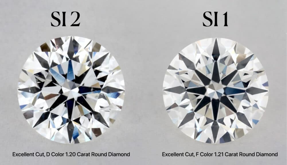 A side-by-side comparison image showing a 1.20ct D color SI2 diamond next to a 1.21ct F color SI1 diamond, illustrating that both are eye-clean and visually identical, a key concept for the SI2 vs SI1 debate on a diamond clarity chart.