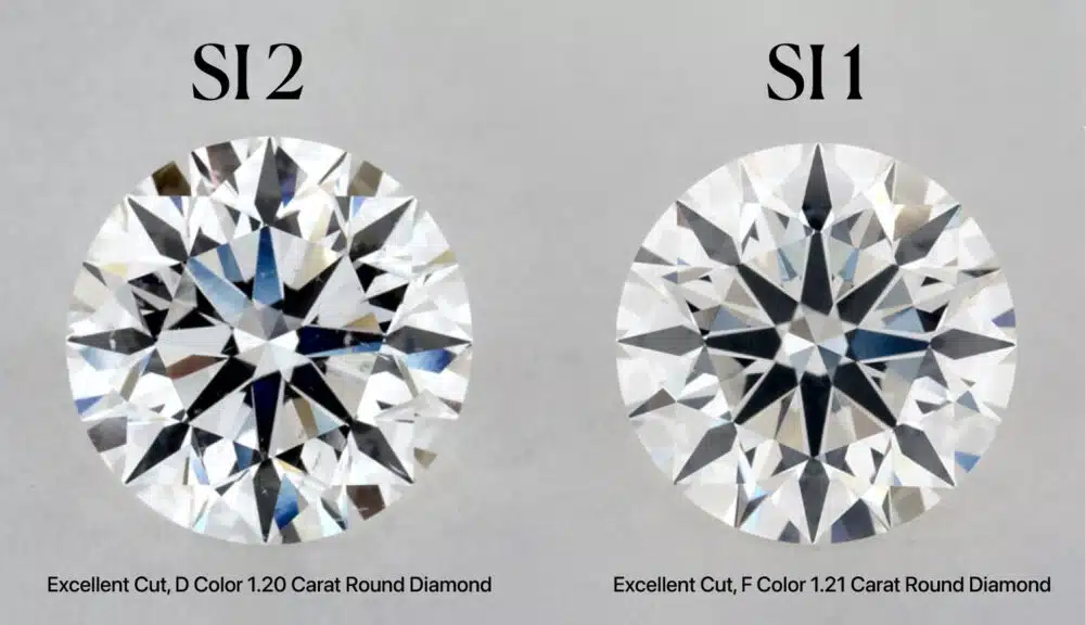 A side-by-side comparison image showing a 1.20ct D color SI2 diamond next to a 1.21ct F color SI1 diamond, illustrating that both are eye-clean and visually identical, a key concept for the SI2 vs SI1 debate on a diamond clarity chart.