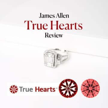 A featured image for a James Allen True Hearts review, showing an emerald-cut halo diamond engagement ring, the True Hearts logo, and the Hearts & Arrows scope patterns that prove its cut quality.