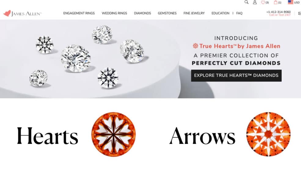 An explanatory image showing the James Allen True Hearts collection banner and a diagram illustrating the perfect "Hearts" pattern and "Arrows" pattern visible in their diamonds.