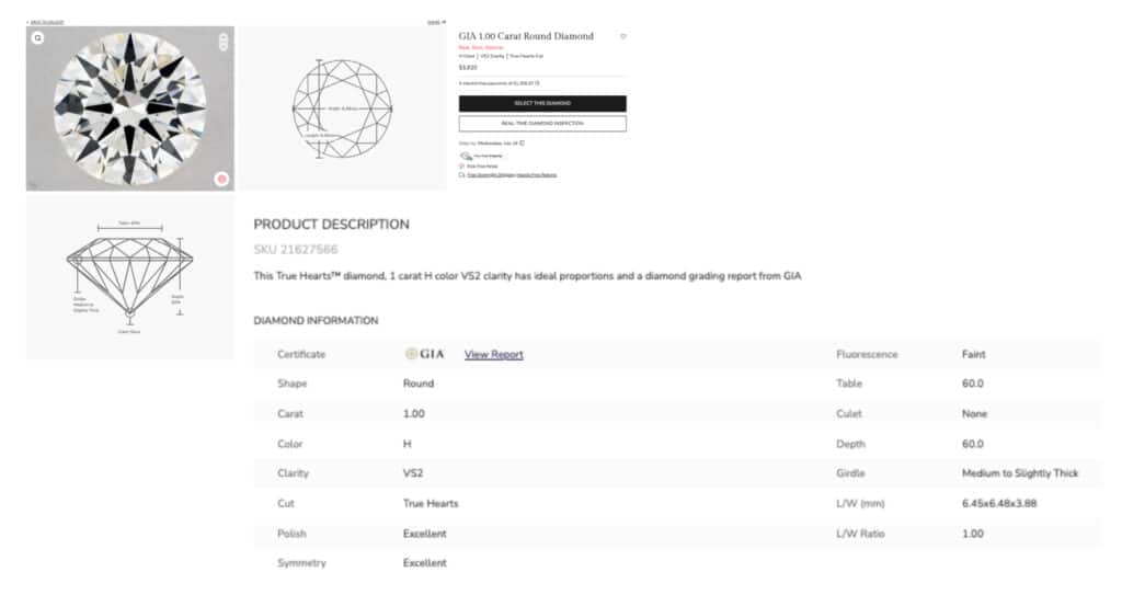 A screenshot of a James Allen product page for a 1.00 carat, H color, VS2 clarity True Hearts round diamond, showing the GIA report details and video player.