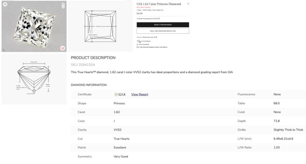 A screenshot of the James Allen product page for a 1.62 carat True Hearts princess cut diamond, detailing its specs and showing the GIA report information.