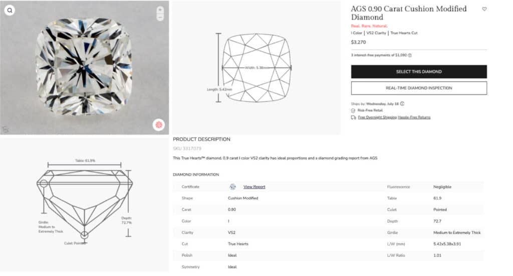 A screenshot of a James Allen product page for a 0.90 carat True Hearts cushion cut diamond, highlighting its superior AGS Ideal cut grade and other GIA specs.
