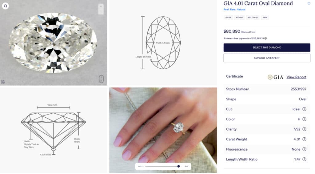 The product page for a GIA-certified 4.01-carat natural oval diamond, showing its H color, VS2 clarity, price, and various diagrams and images.
