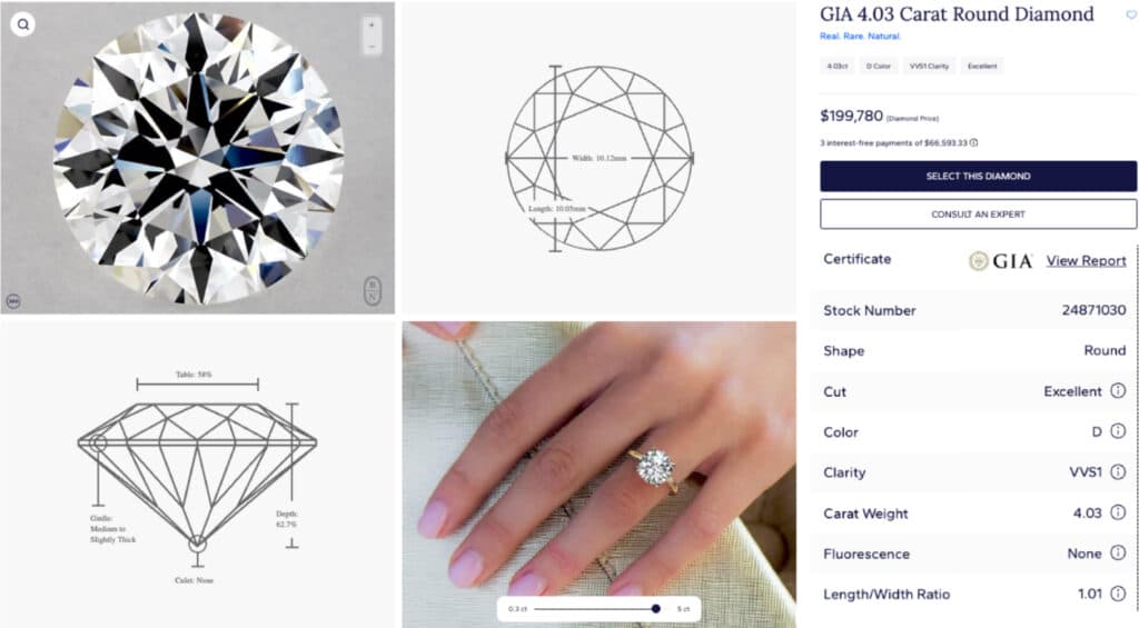 The product page for a GIA-certified 4.03-carat D color, VVS1 clarity, natural round diamond, showing its price of nearly $200,000 and specifications.