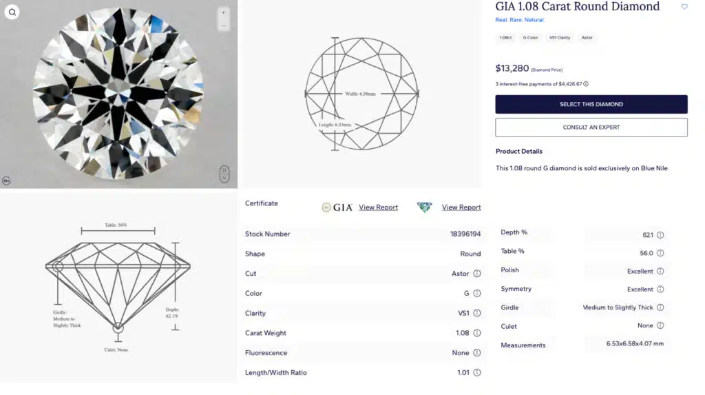 The Blue Nile product page for a GIA-certified 1.08 carat Astor by Blue Nile diamond, showing its G color, VS1 clarity, dual GIA and GemEx certification, and its premium price.
