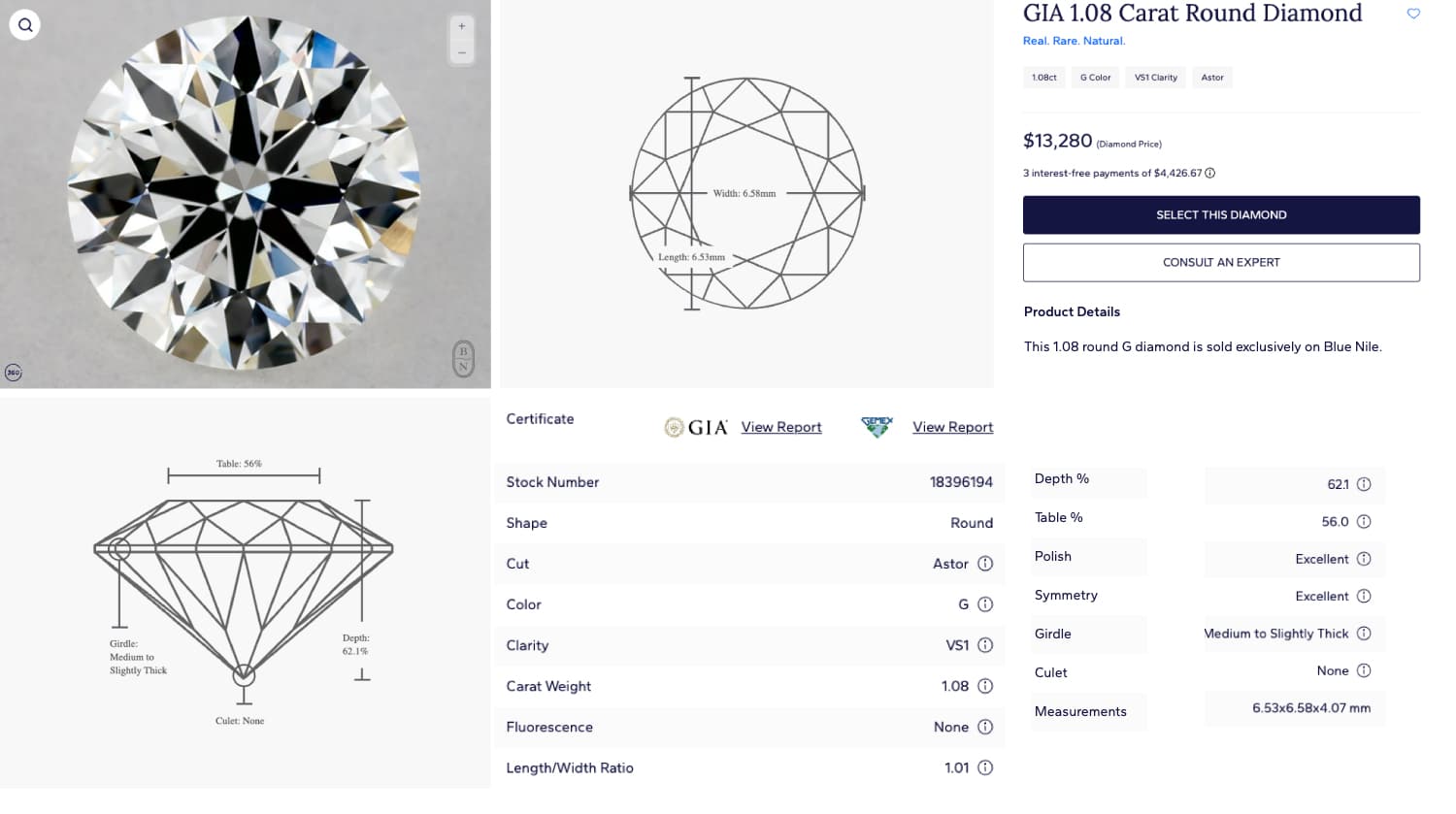 The product page for a GIA-certified 1.08 carat Astor by Blue Nile round diamond, showing its specs, price, and links to both GIA and GemEx reports.