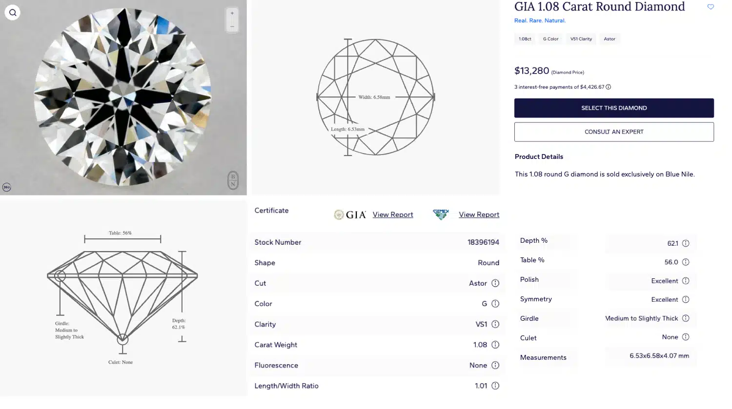 The product page for a GIA-certified 1.08 carat Astor by Blue Nile round diamond, showing its specs, price, and links to both GIA and GemEx reports.
