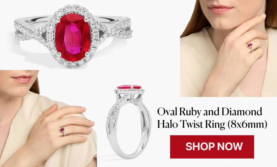 An oval ruby ring with a diamond halo and a twisted pavé diamond band, shown from multiple angles and on a model's hand.
