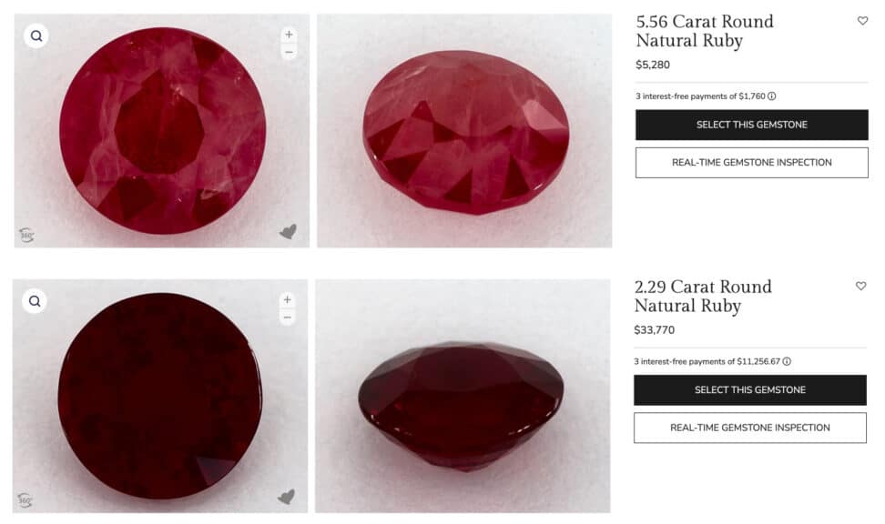 A screenshot from James Allen comparing two natural round rubies: a large 5.56-carat ruby priced at $5,280, and a smaller 2.29-carat ruby priced at $33,770, demonstrating the impact of quality on price.