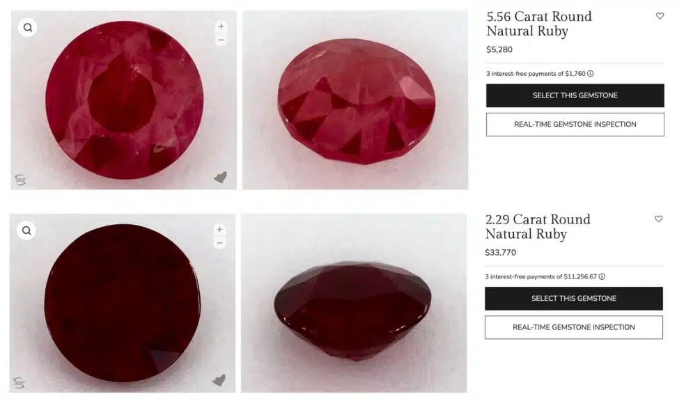 A screenshot from James Allen comparing two natural round rubies: a large 5.56-carat ruby priced at $5,280, and a smaller 2.29-carat ruby priced at $33,770, demonstrating the impact of quality on price.