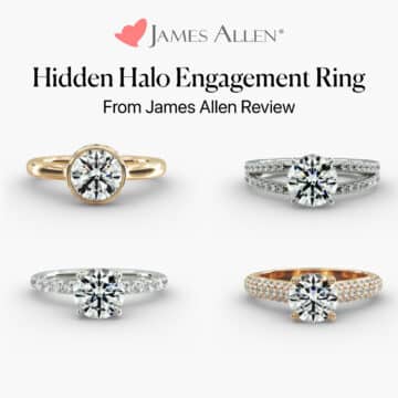 A collage of four different hidden halo engagement rings from James Allen, showcasing various styles like bezel-set, split shank, and pavé bands in different metals.