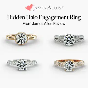 A collage of four different hidden halo engagement rings from James Allen, showcasing various styles like bezel-set, split shank, and pavé bands in different metals.