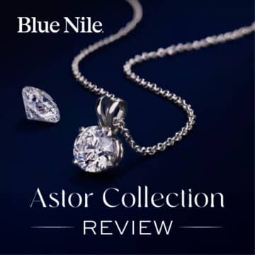 A Blue Nile diamond solitaire pendant from the Astor Collection, next to a loose round diamond. Text overlay reads "Astor Collection REVIEW".