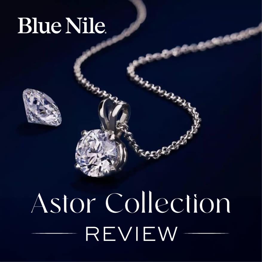 A Blue Nile diamond solitaire pendant from the Astor Collection, next to a loose round diamond. Text overlay reads "Astor Collection REVIEW".