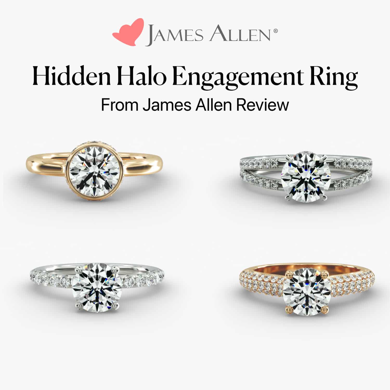 A collage of four different hidden halo engagement rings from James Allen, showcasing various styles like bezel-set, split shank, and pavé bands in different metals.
